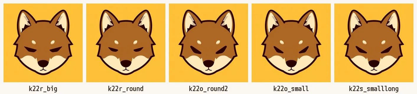 目のバリエーションの変遷。左から k22r_big、k22r_round、k22o_round2、k22o_small、k22s_smalllong。後半3つは旧アバターの目を移植して、角の丸みと長さを調整したもの