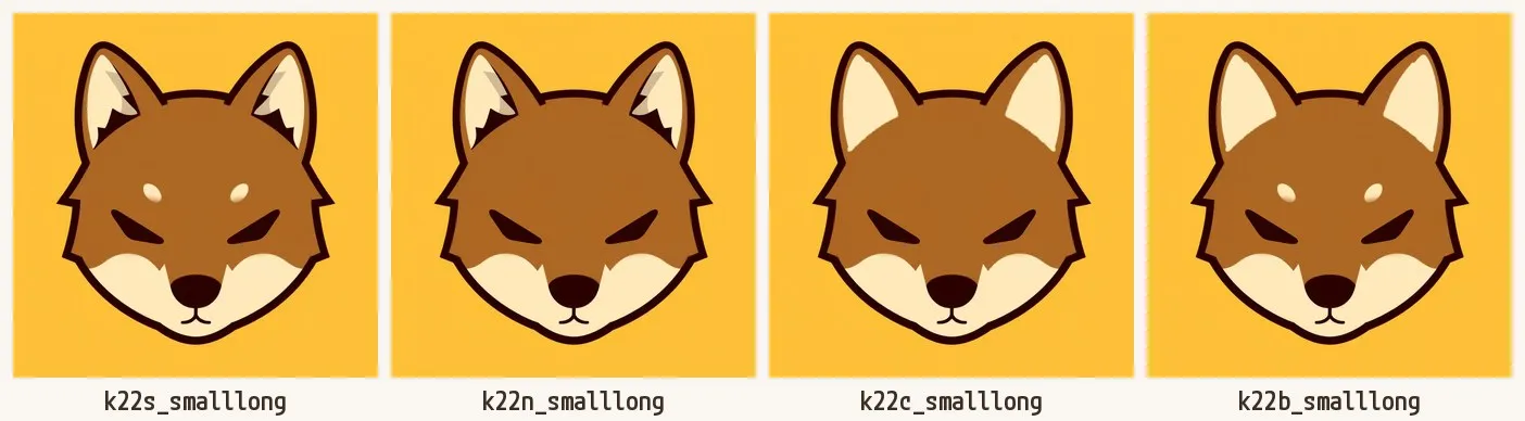 仕上げの流れ。左から、目を決めた k22s_smalllong、白い眉を消した k22n、耳の内側の黒い毛とグレーを消した k22c、眉を戻した k22b